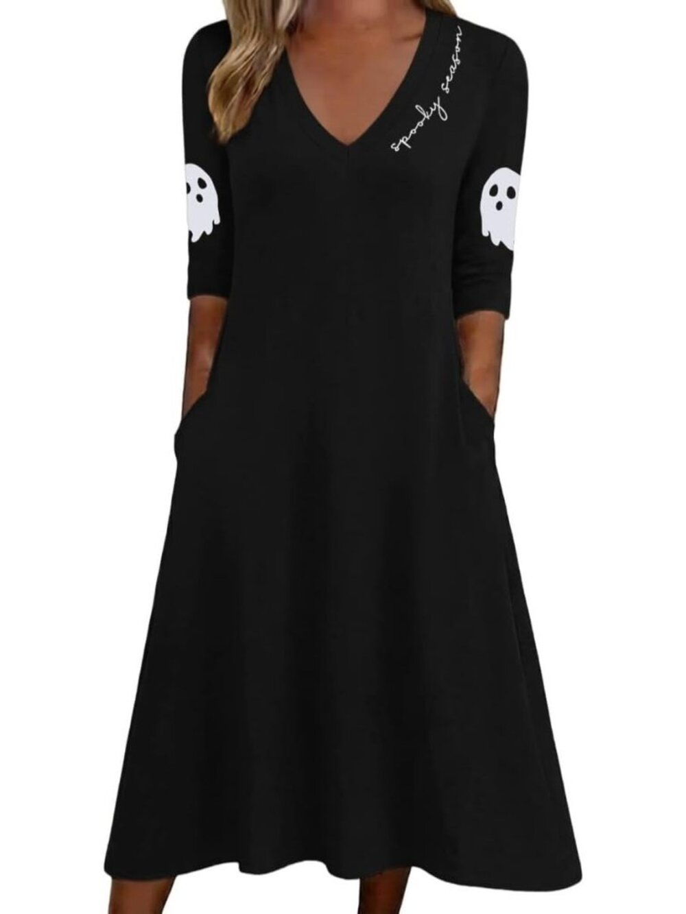 🆕 Women's Halloween Black Spooky Season Dress Ghost Sleeve V-Neck Pockets